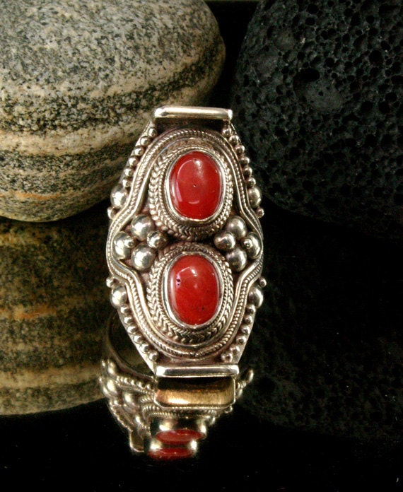 Vintage Red Coral 925 Silver Saddle Ring - Tibetan Saddle Ring - Handmade - Sterling Silver - Red Coral and Silver Ring - Adjustable Band