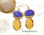 Blue and Mustard Druzy Stone Earrings, Bridal Earrings, Bridesmaid Earrings