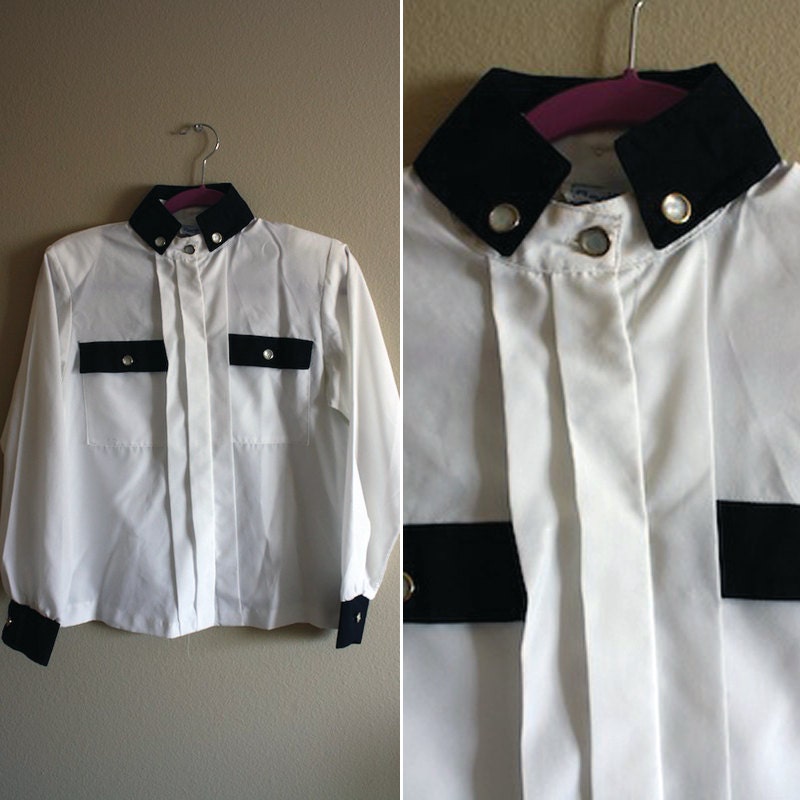 SALE / 1980s Tuxedo Blouse // Womens Black & White Sheer Chiffon Button Down // Sz. S/M/L