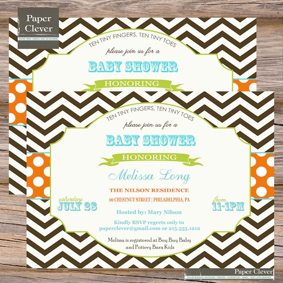 Neutral Baby Shower Invitations, Brown, orange, aqua - digital file, printable #1581 Il_570xn