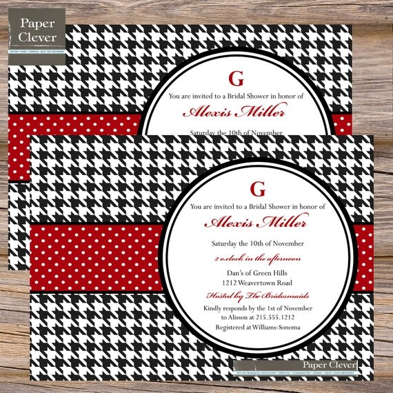 Houndstooth Bridal Shower invitations, red & black - digital file, printable #216 Il_570xn