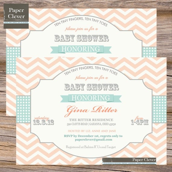 Shabby chic girls baby shower invitation, coral, grey & mint - digital file, printable #932 Il_570xn