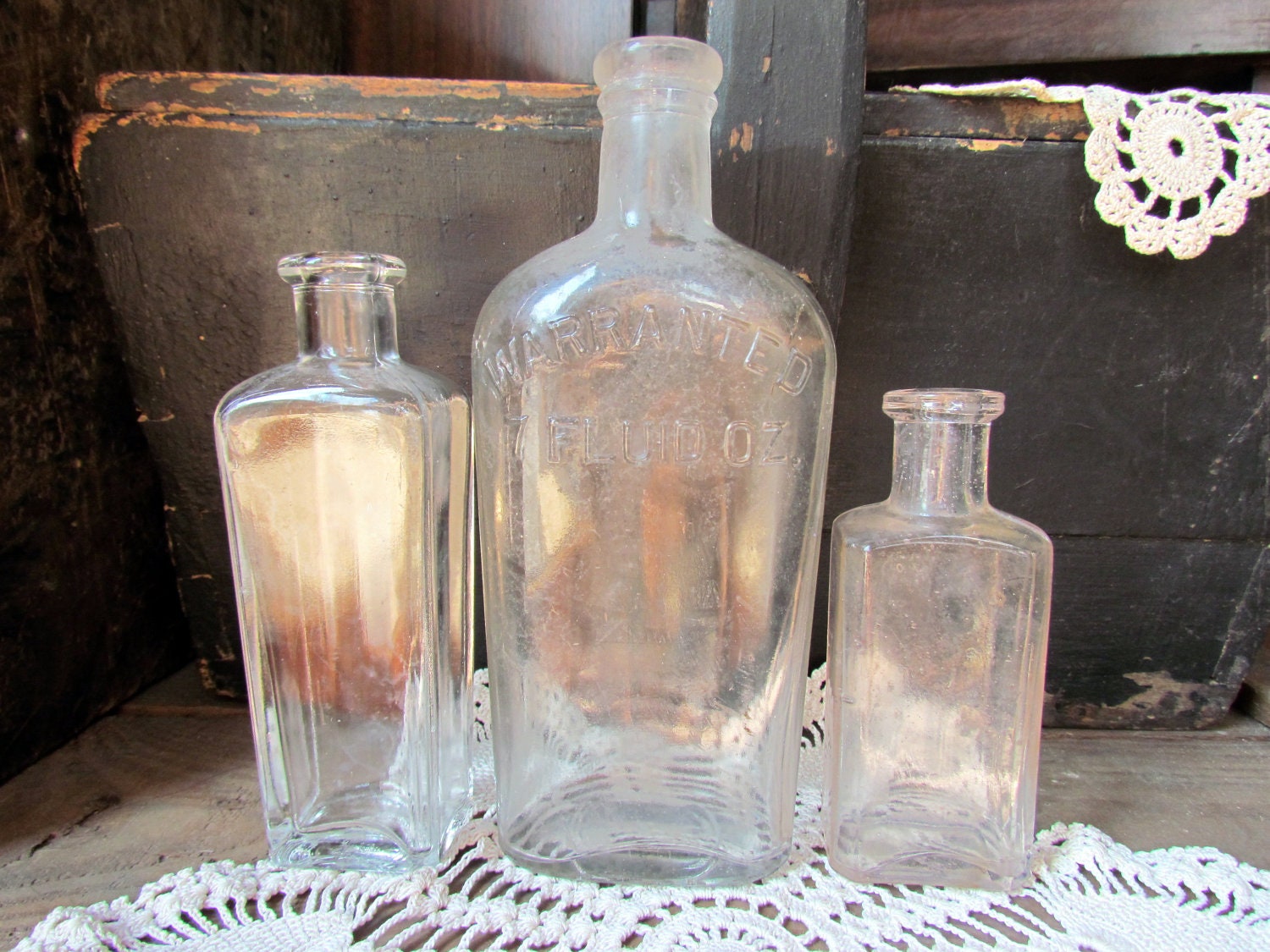 Glass Apothecary Bottles : Set of 3 Flask and Small Vintage Antique Bottles and for Wedding Bud Vases