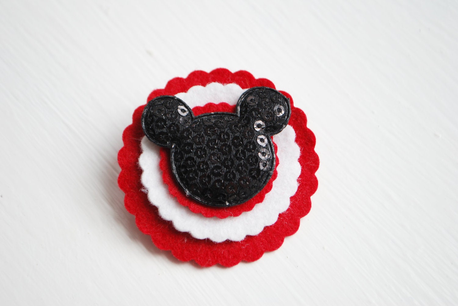 Disney Inspired Scallop Felt Flower Hair Clip, Sequin Mickey Mouse Inspired Clip, Also shown with Elastic Headbands in Red and Black,