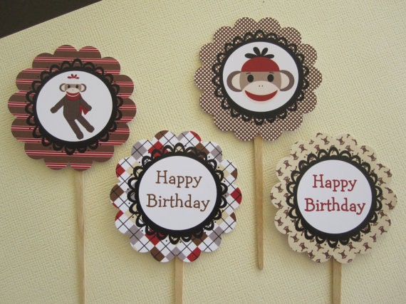 12 Personalized Red & Tan Sock Monkey Toppers Il_170x135