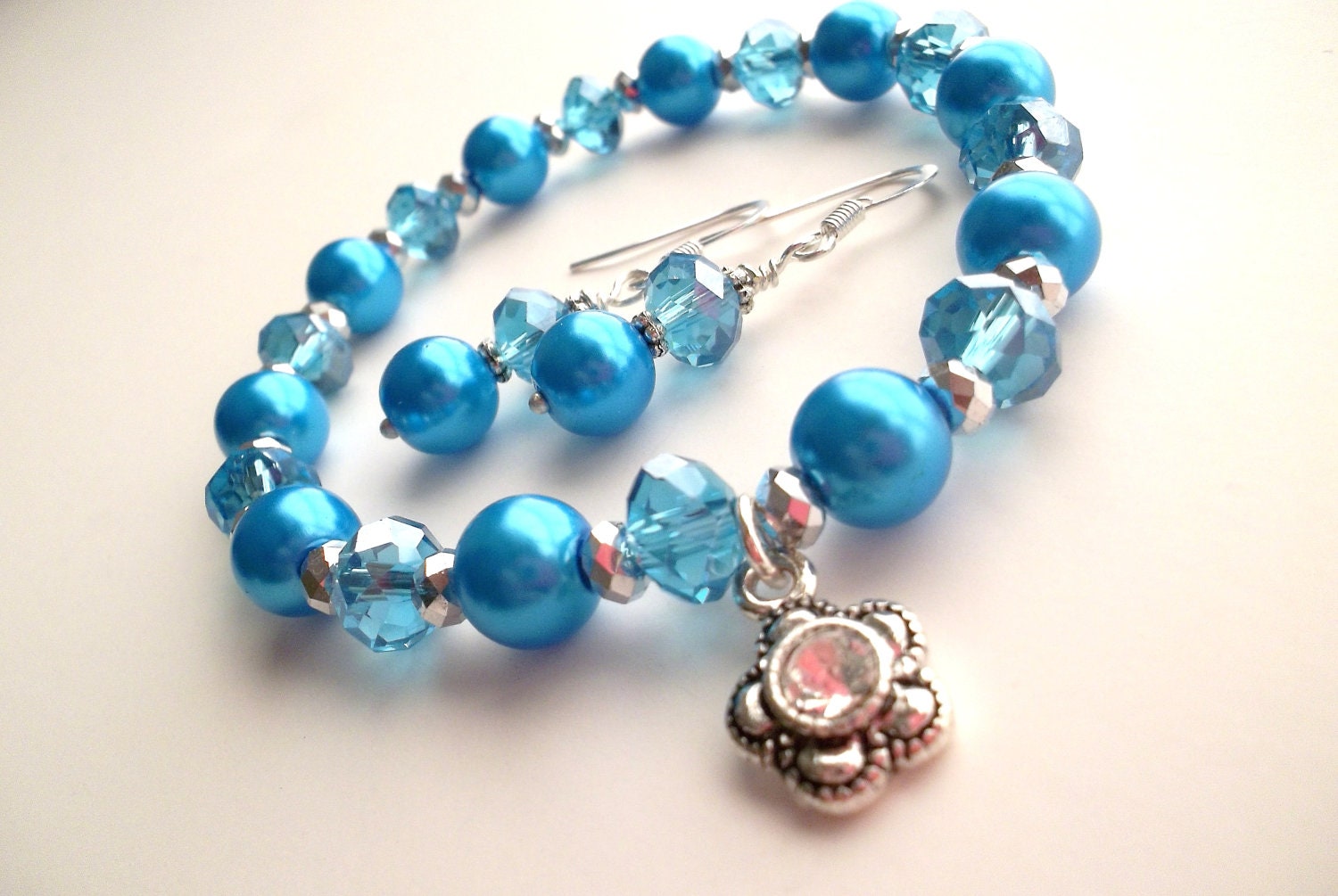 Mother's Day Turquoise Blue Pearl and Crystal Bracelet and Earring Set