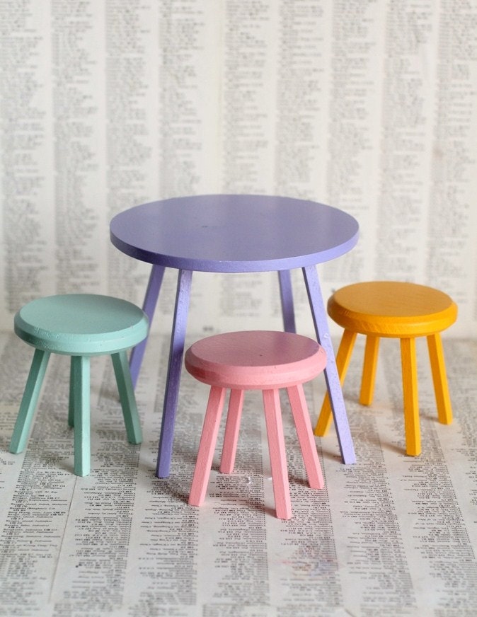 Retro Rainbow Tea Table and chair set - Jack and Jill custom Handmade Blythe 1/6 scale doll chair and table