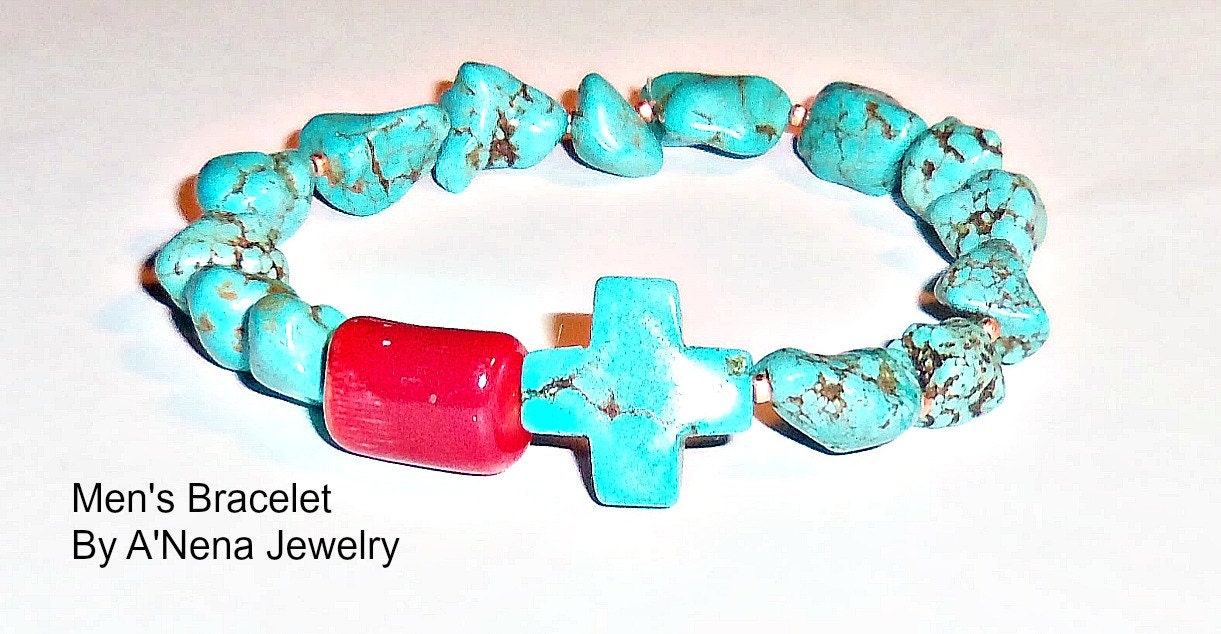 Men's Bracelet Coral, Howlite and Copper beads "Oppourtunity"