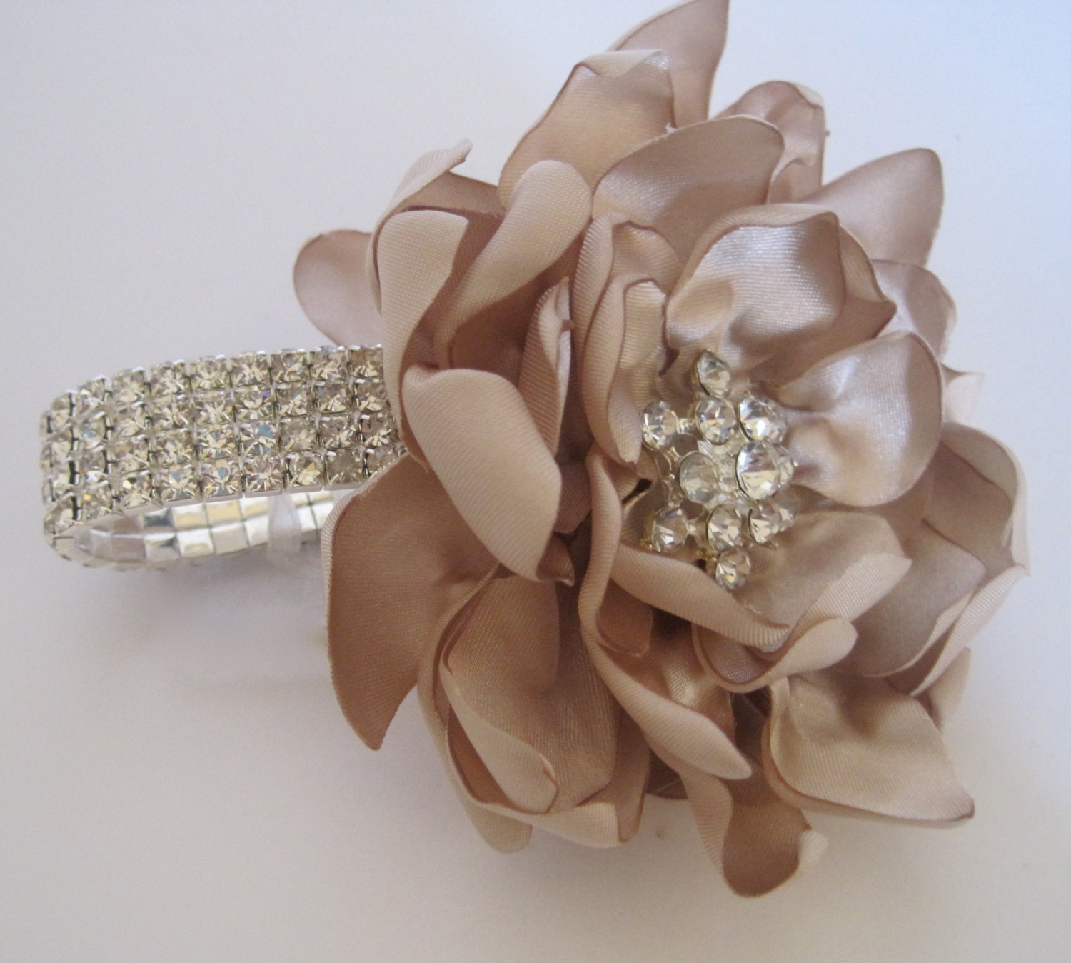 Wrist Corsage Champagne Satin Rhinestone by theraggedyrose on Etsy