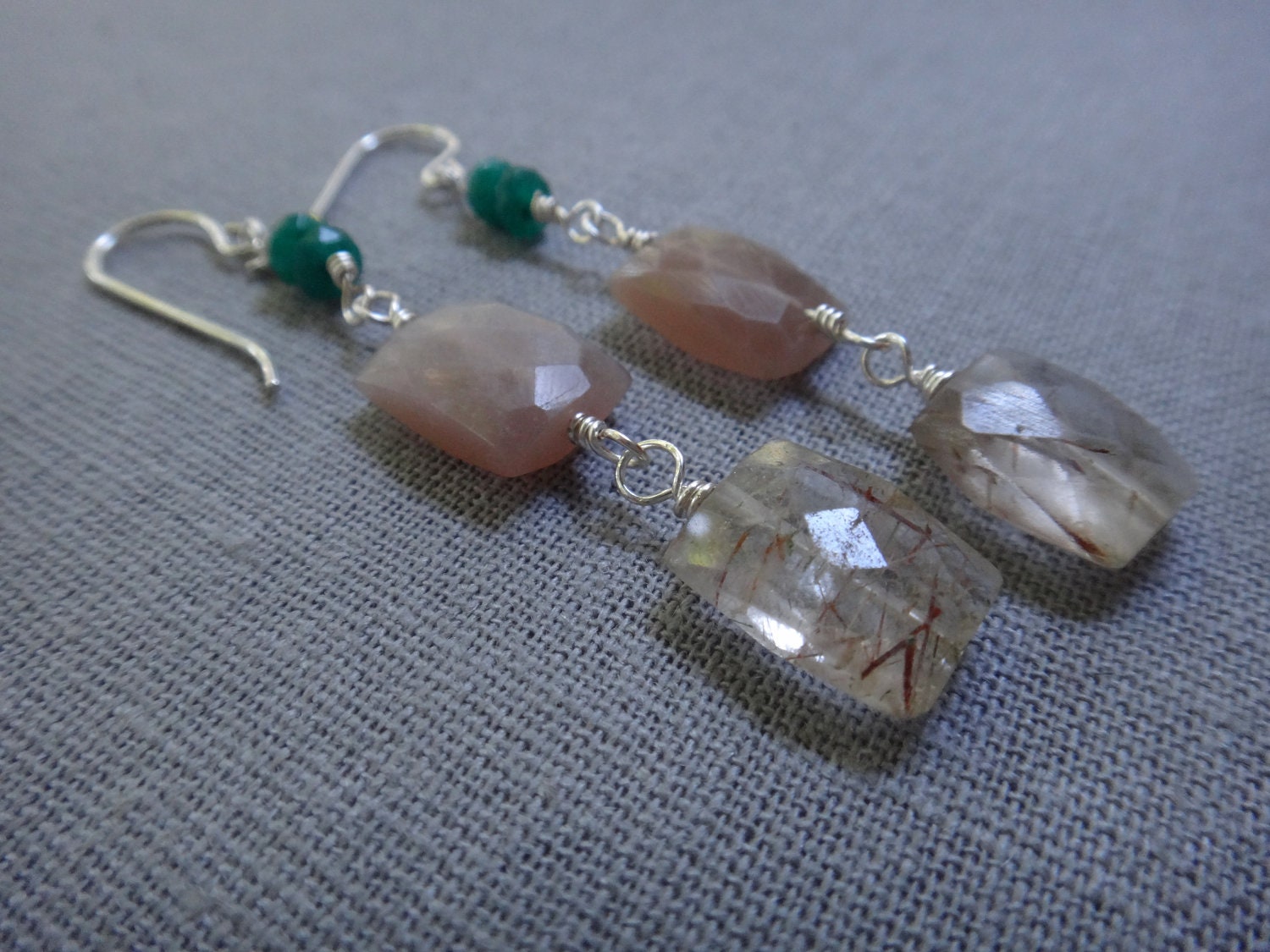 Copper rutilated quartz, taupe moonstone, green turquoise sterling silver earrings