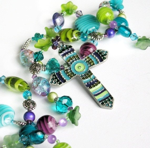 Aqua mauve mint long beaded necklace 'Fiesta' cross pendant