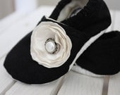 Black classy booties with hand made vintage style flower. 0-18 months