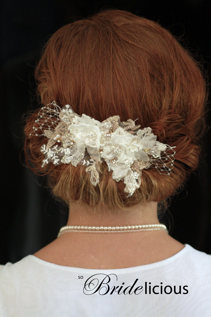 My Precious Adelia bridal hair piece - Romantic golden hair comb with lace, rhinestones and pearls