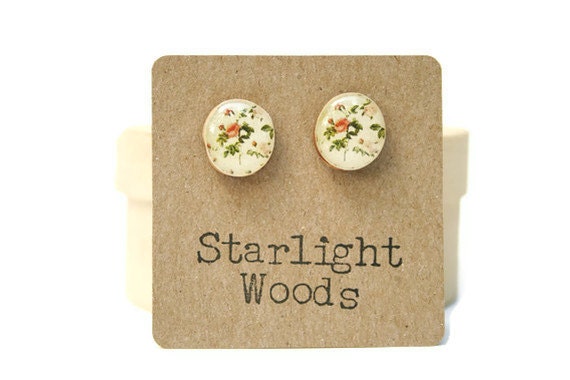 Vintage floral studs earrings cream rose floral post earrings shabby chic wood jewelry nature inspired Minimalist jewelry  eco friendly