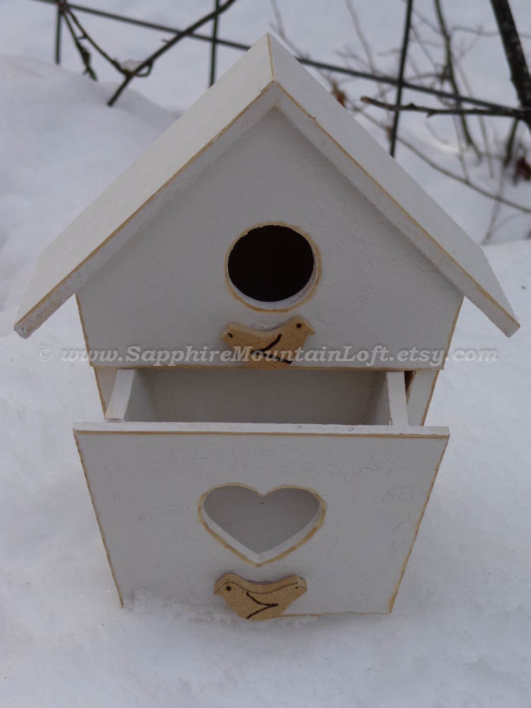 Bird House Jewelry Box with Heart, White Distressed Wood, Country Style, Love Birds & Opening Drawer