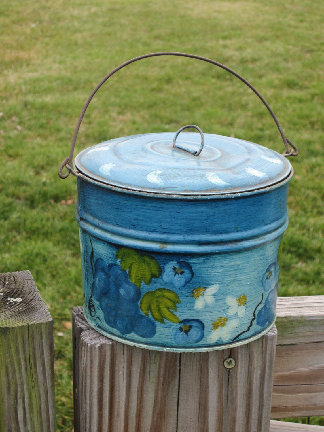 Antique Blue Metal Lunch Pail Lunch Tin Tole by battenbeehive