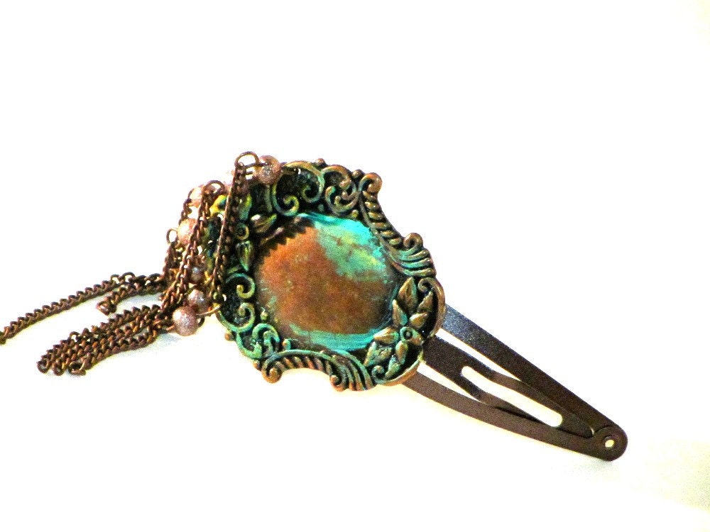 Copper Hair Clip, Ornate Hair Clip, Decorative, Beaded Snap Hair Clip, Beads,Tassels