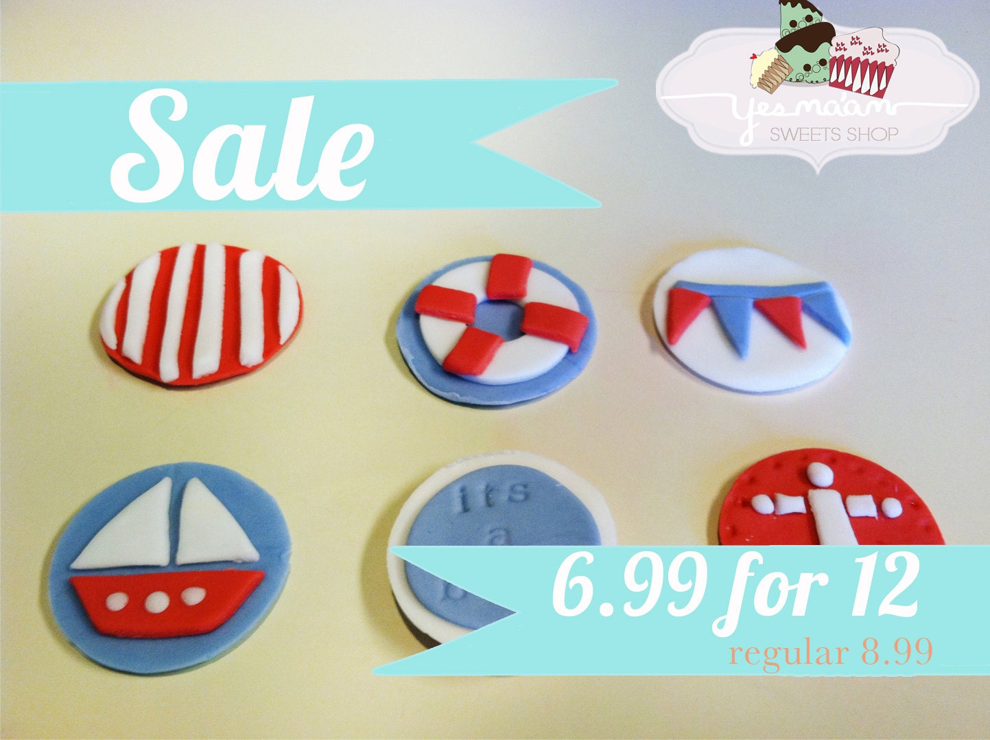 12 Nautical Sailor Baby Shower Fondant Cupcake/Cookie Toppers