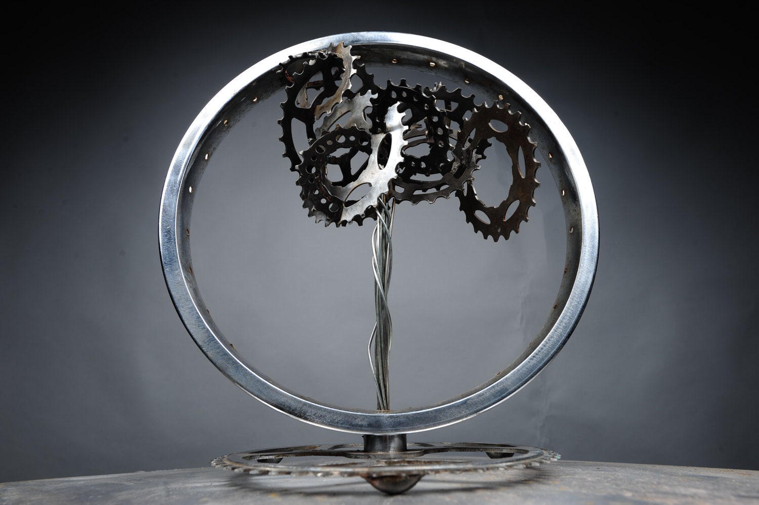 Bicycle Gear Tree Desk Sculpture, handmade from 100% recycled materials