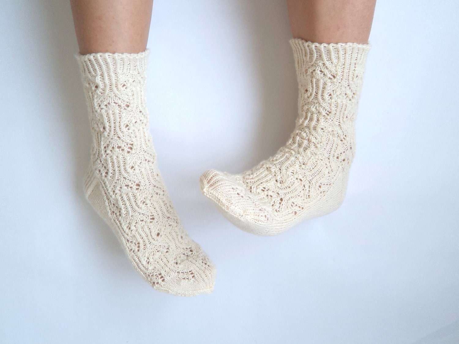 Off-white lace socks. Hand-knit wool socks. Lace socks. Wool socks. Knit socks. Highest quality sock yarn. Valentine gift