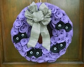Purple Halloween Wreath - Felt Wreath with Purple Rosettes, Black Flower Eyes and a Black and White Striped Bow - 14 inch