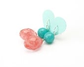 Stylish peach and turquoise gemstone earrings, tourmaline amazonite teal aqua blue pink contrast colors bright valentines day gift