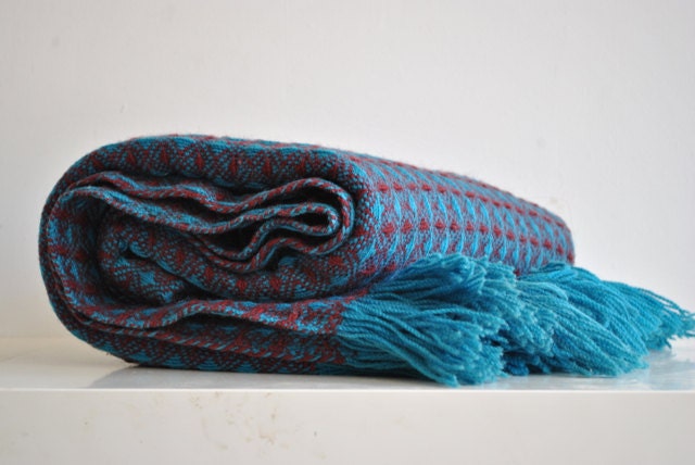 Vintage Wool Throw Blanket - Teal and Burgundy - Fall - Pendelton