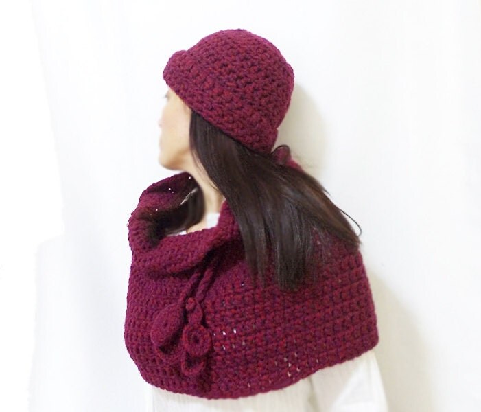 Hat scarf set- Burgundy crochet shawl and cape poncho and hat- Cape poncho- Crochet shawl, hat- Amazing shawl- Cowl- Hat cape and cape- OOAK