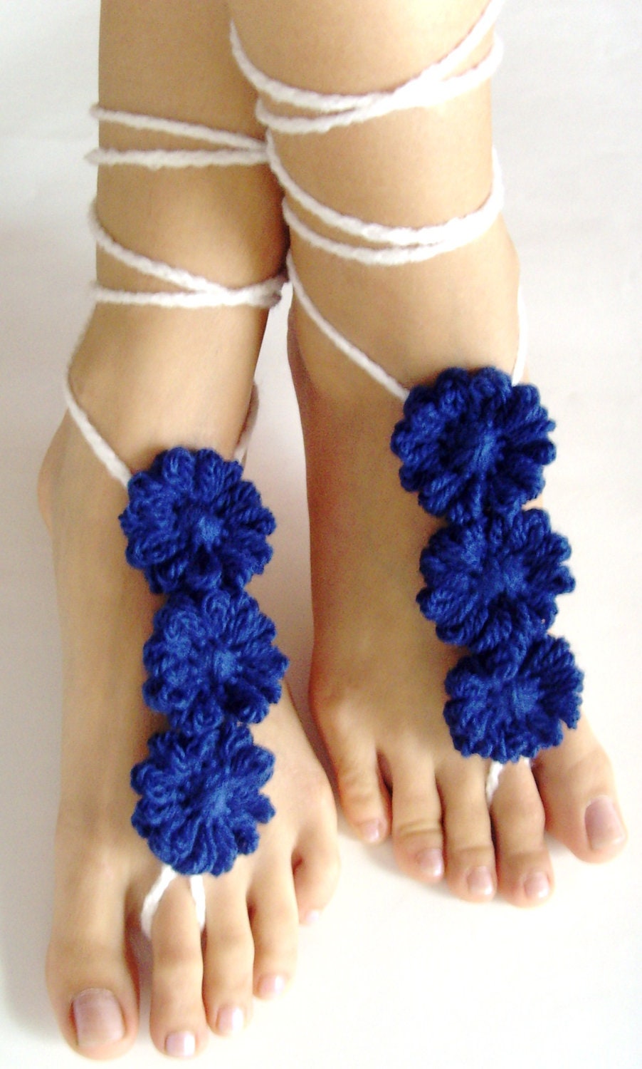 BAREFOOT SANDALS Crochet Blue Flowers Chic Nude Summer by Slavenna