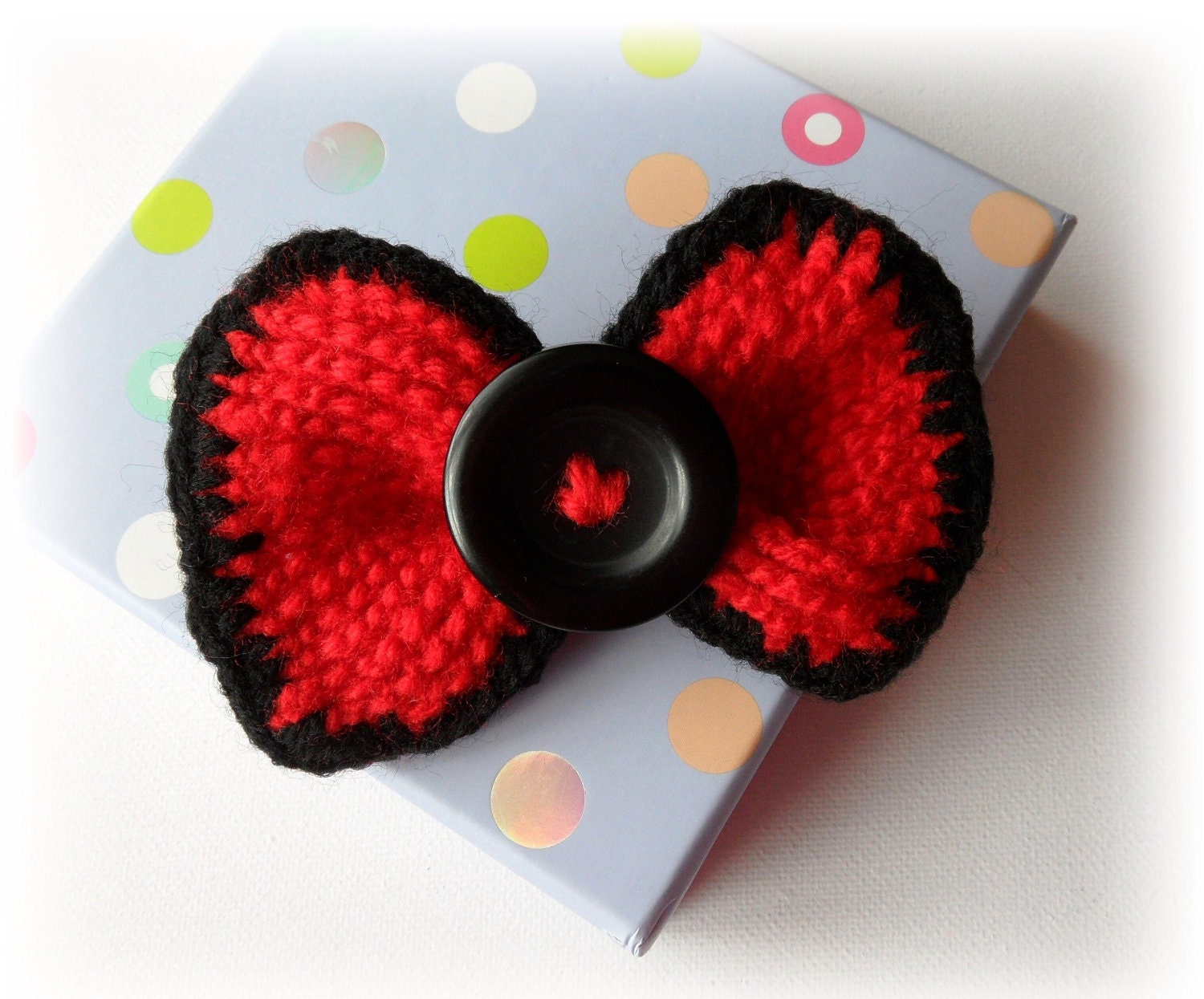 Crochet Red Bow Brooch Tie Pin Hair Accessory with Black Button
