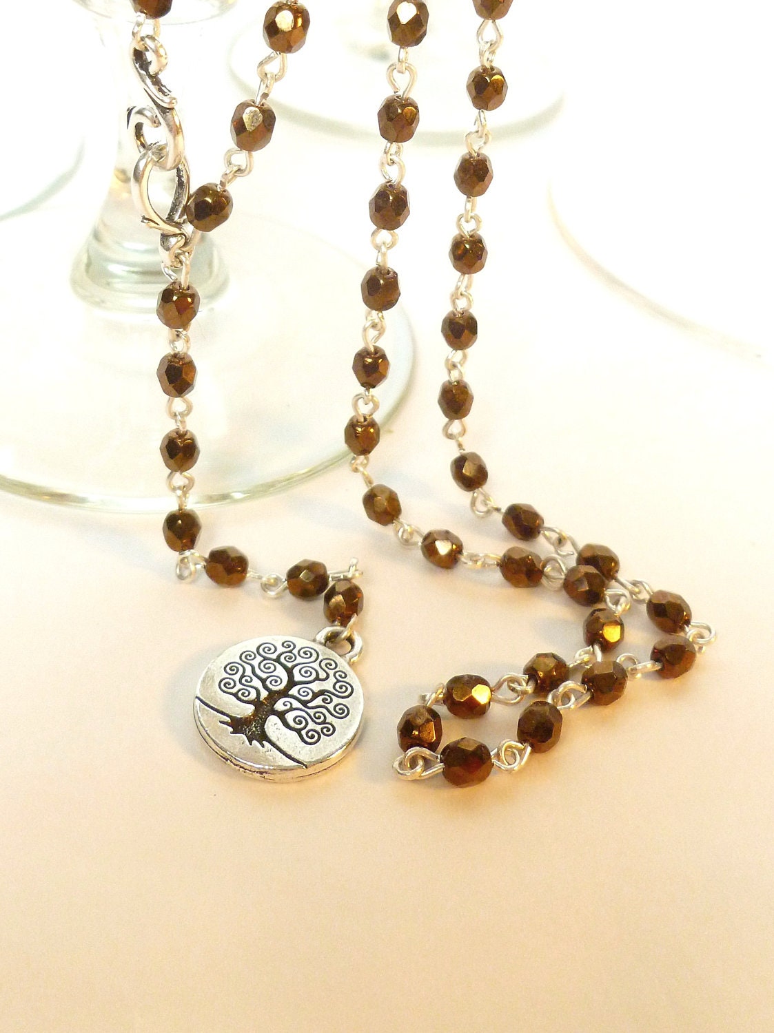 Copper Crystal and Silver Tree of Life Rosary Style Adjustable Extra Long Necklace with Silver Shephard's Hook Clasp