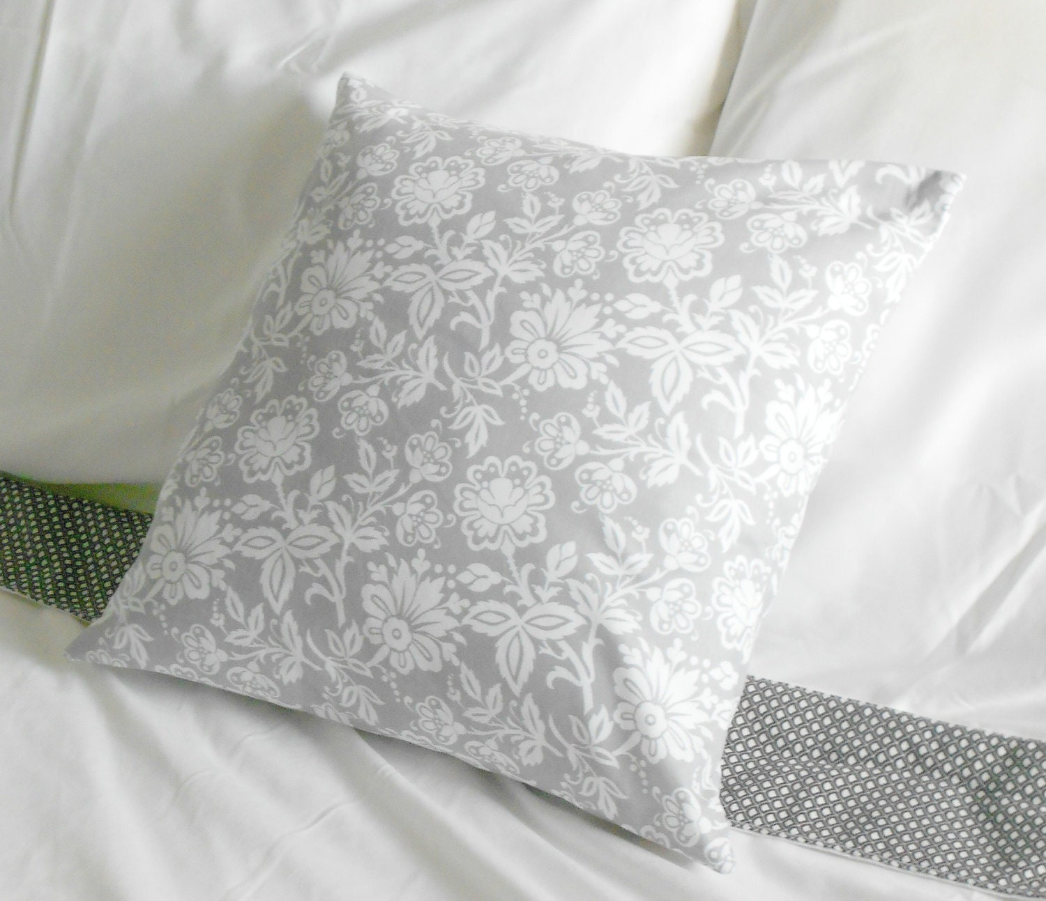 Reserved for Christina Grey White Pillow Cover Floral Design 16 X 16
