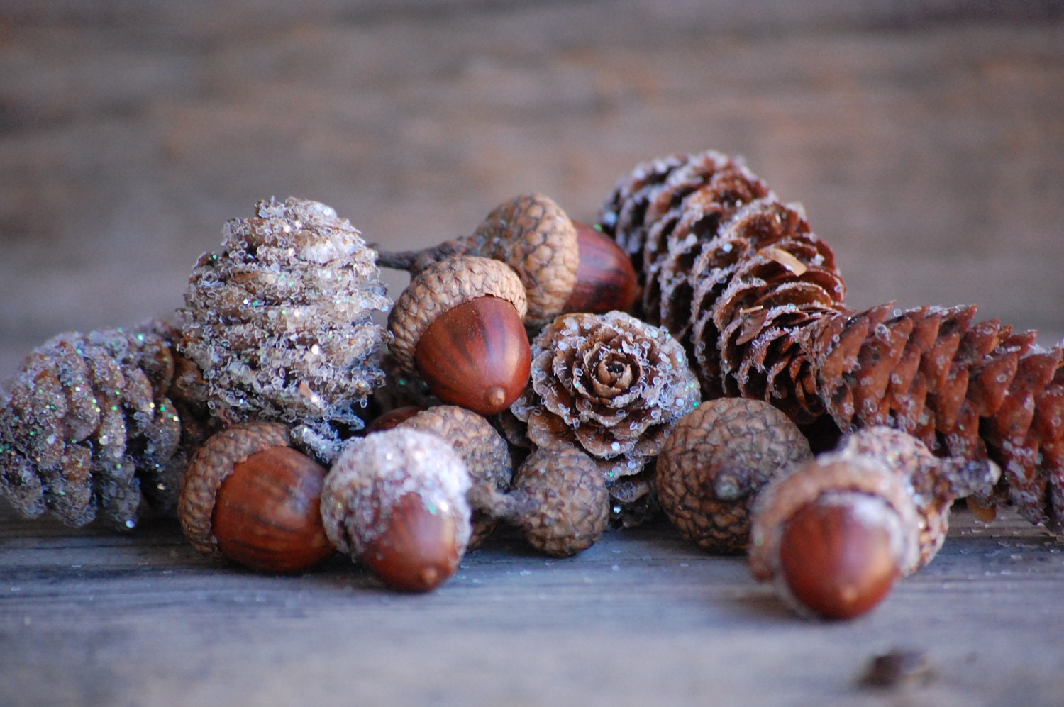 Real Pine cones, Real Acorns, Birch Bark, with glitter Christmas table,Pinecones, Dried Acorns, Winter wedding Christmas Basket Decoration - CreationsByShelly