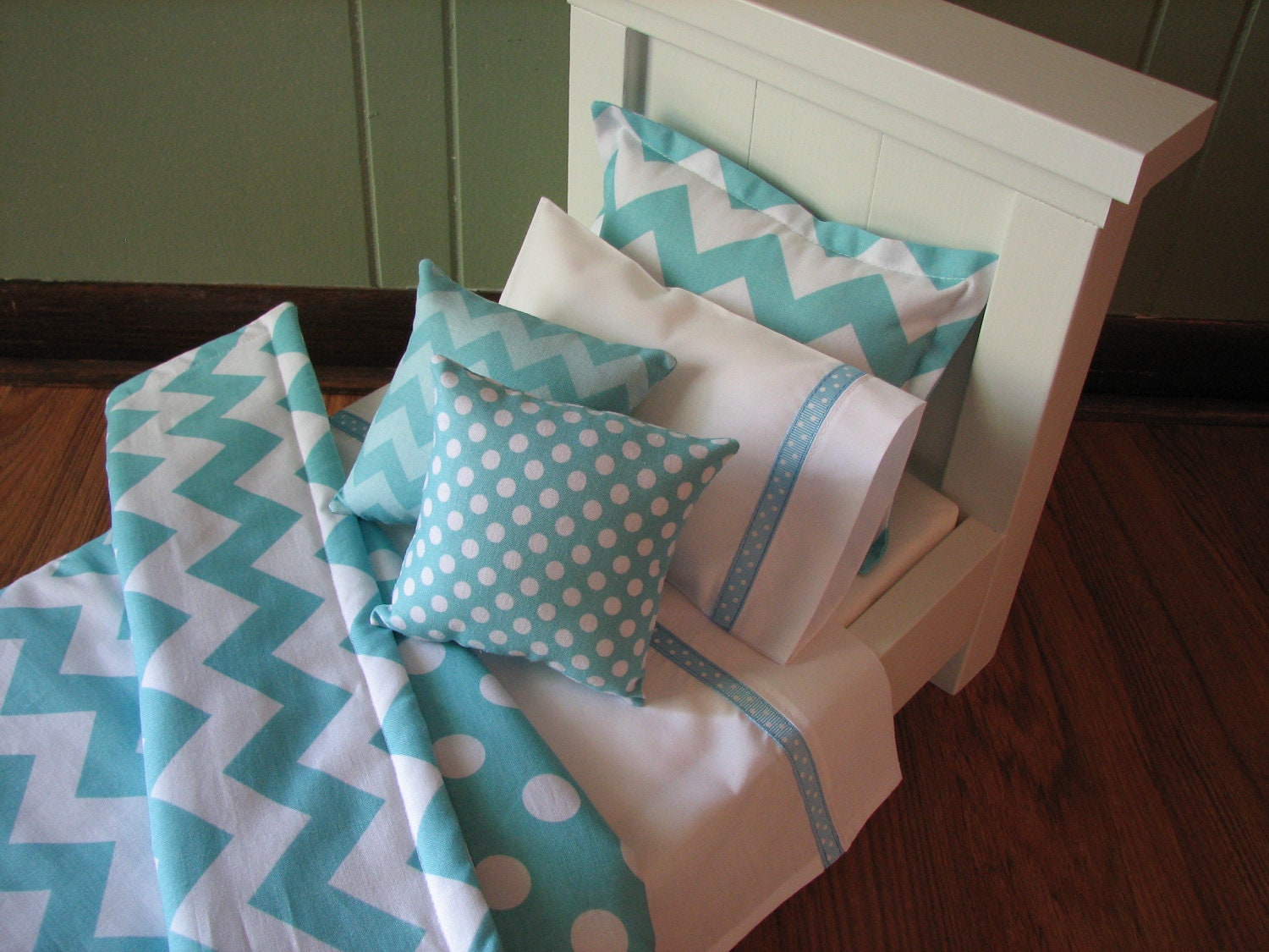 Chevron Bedding Set for American Girl Doll or similar 18" dolls - Aqua Blue