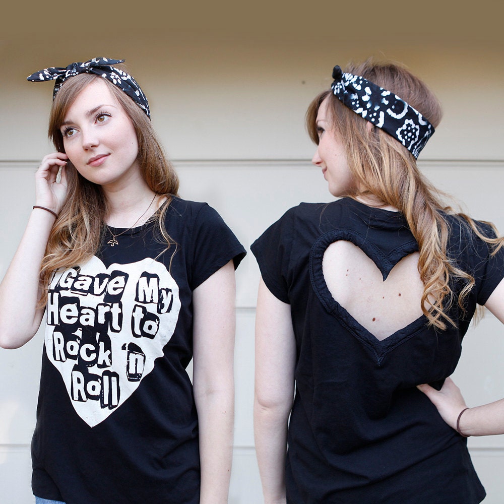 Black Rock N Roll Heart Cut out Shirt Made to order Upcycled Heart shirt  Back Cut Out Shirt from BglorifiedBoutique