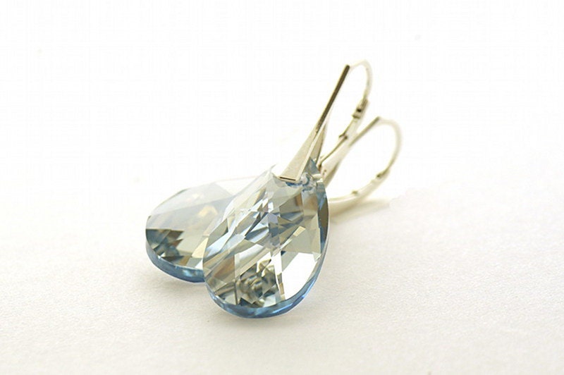 Winter Blue Earrings, Pastel Blue Earrings, Swarovski Pear-shaped Crystal Blue Shade 22mm, sterling silver 925 - cardioceras
