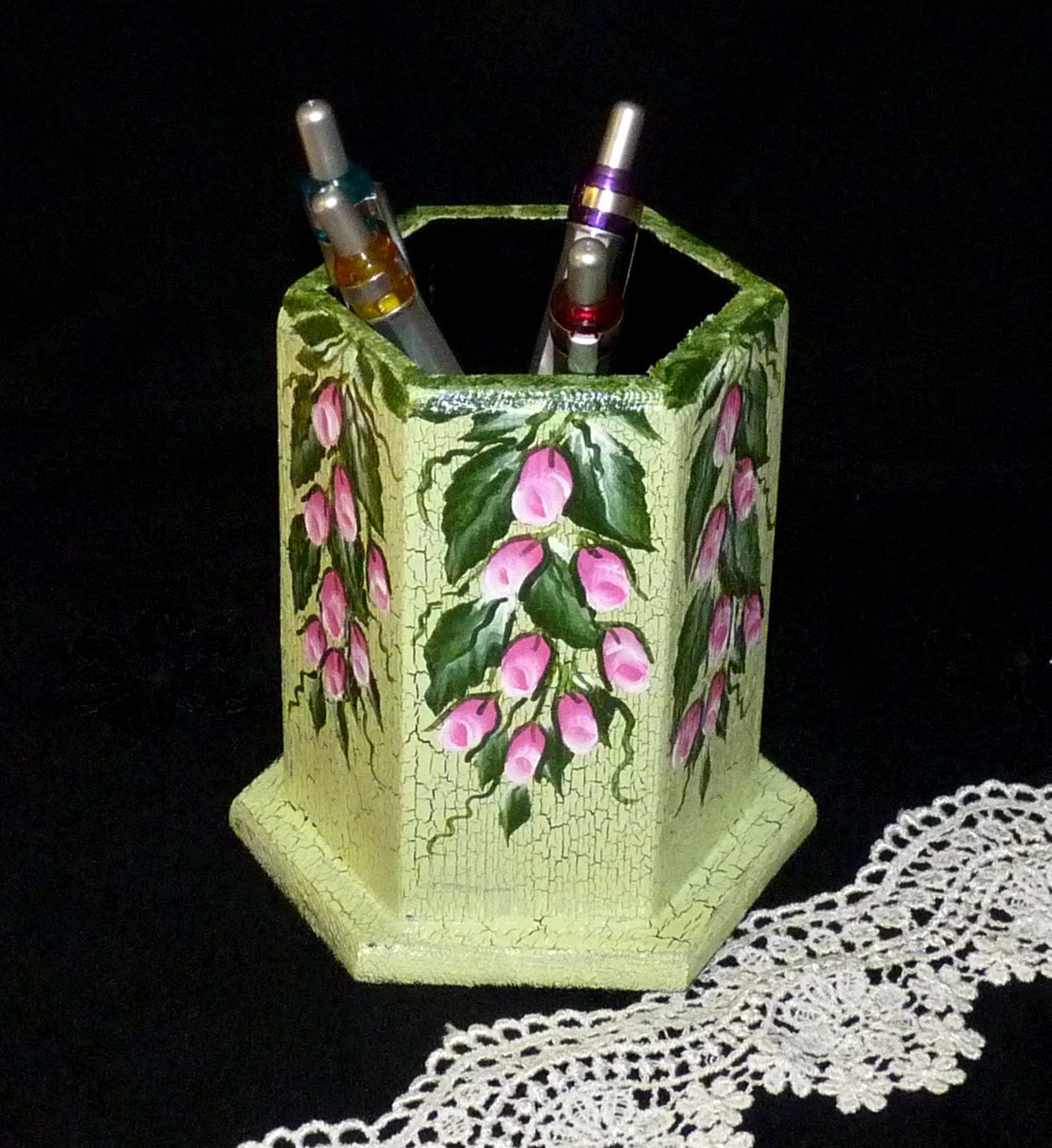 Pen Holder Wooden Cup Holder Desk Organizer Mint Green Wood Pencil Holder Hand Painted Roses Black Crackle