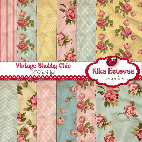 Vintage Shabby Chic Digital Papers - Scrapbooking Paper - card design, invitations, paper crafts, web design - INSTANT DOWNLOAD