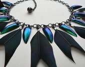 Jewel Beetle and Magpie Feather Necklace, beetlewing jewellery, magpie statement necklace, emerald iridescent beetle wings