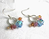 Silver Swarovski Earrings,i Candy Petite Round Dangling Blue Pink Orange Sterling Silver Swarovski Crystal Earrings