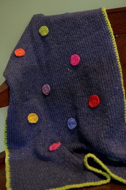 BlueJean Color Knit Throw with Applied Polka Dots. Fun and Warmly Soft Merino Wool Foot Warmer.