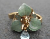 50% OFF SALE Gold dipped hand carved flower, chalcedony and chrome diopside statement ring