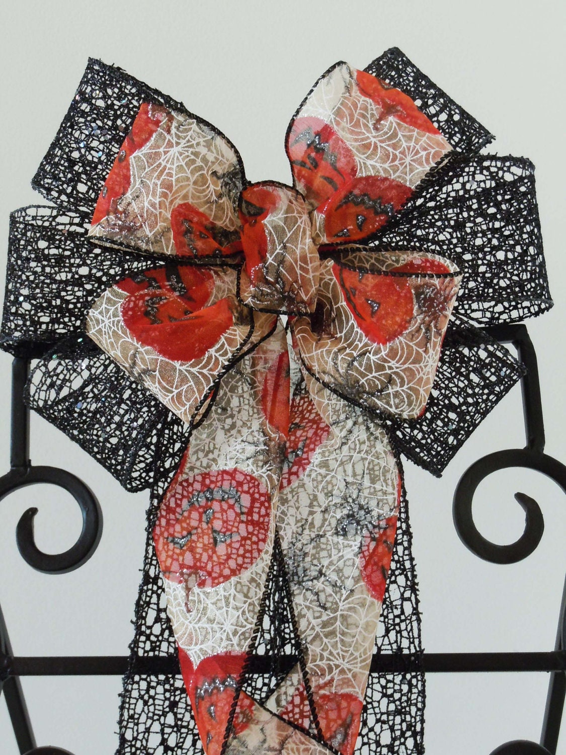 Black Orange Halloween Bow Handmade Sparkle Black Spider Web Jack-o'-Lantern Bow Halloween Wreath Door Decoration Bow