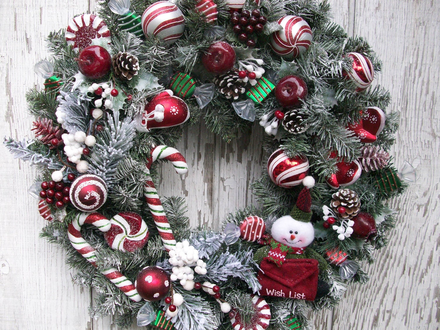 Christmas Wreath, Holiday Decor, Snowy Christmas Wreath, Peppermint Candy Cane, Wish List, Winter Wreath