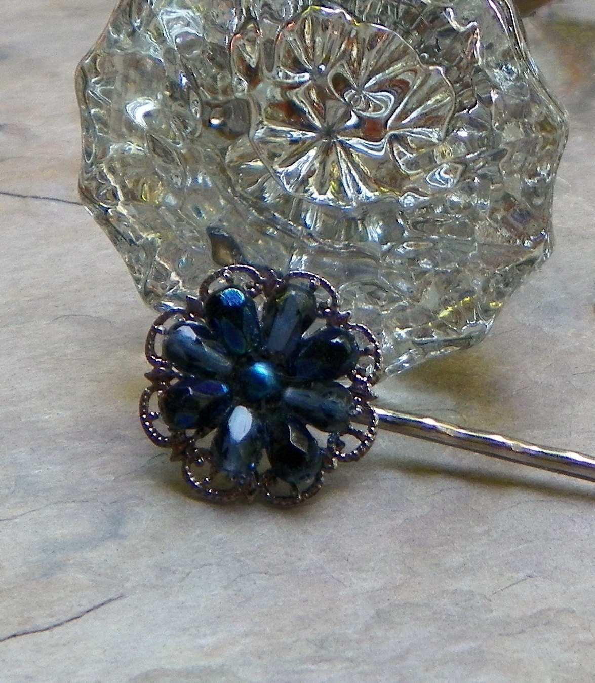 Fall Winter Fashion 40's Navy Blue Filigree Rhinestone Hair Pin, Czech W West Germany
