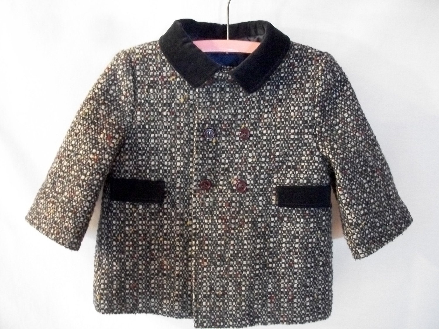Vintage Little Boys Wool Blend Tweed Winter Dress Coat Size 18 Months F.W. Fischer Designs Navy Blue Charcoal Grey Double Breasted Coat