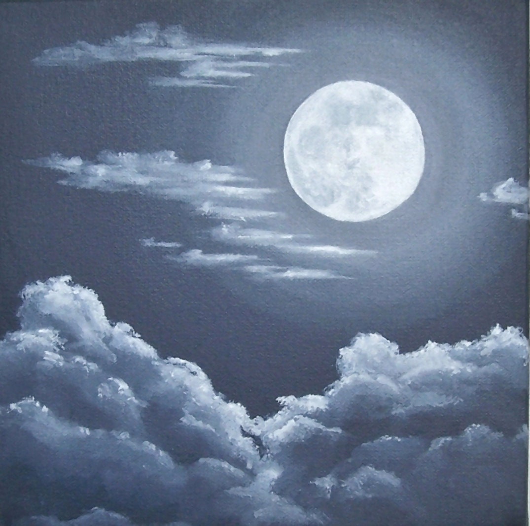 Moon and Clouds Painting Night Sky Full Moon by
