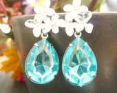 Aquamarine Earrings aqua blue rhinestones drops Bridesmaids earrings wedding in silver Cherry Blossom Flower post Something Blue