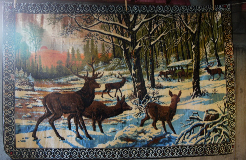 HUGE Vintage Velvet Tapestry Deer Wall by SelectedAndCollected