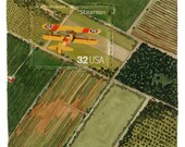 Limited Edition Print: Stearman Biplane Aerial Farm Postage Stamp Painting